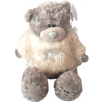 Plyšový medveď 15 cm v bielom svetri