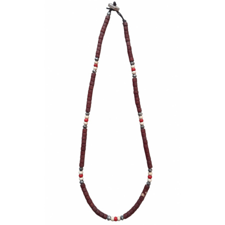Náhrdelník drevo/kov, červené korálky mix