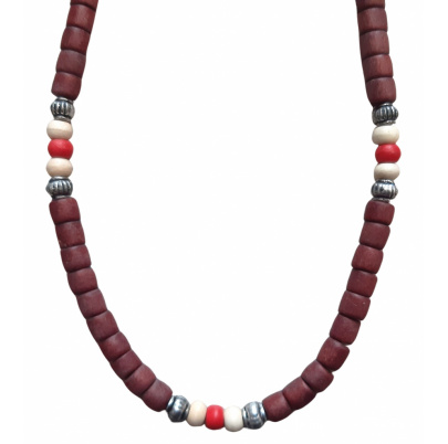 Náhrdelník drevo/kov, červené korálky mix