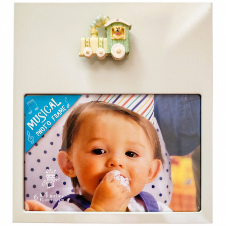 Fotorámik hudobný 15x10 cm s figúrkou Medveď v zelenom vláčiku